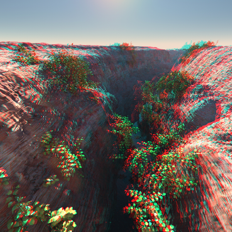 Anaglypherized scene of a deep ravine