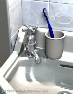 Sink, tap and toothbrush