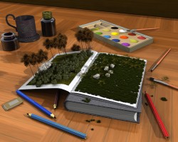 Landscape in a school writing-book